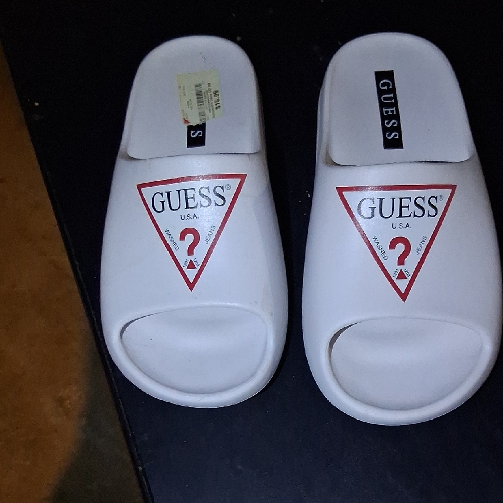 Guess White Logo Slide Sandals